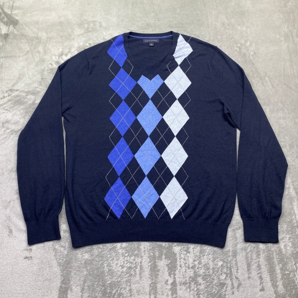 Banana Republic Mens Silk Cotton Cashmere Argyle V-Neck Sweater Navy Blue Large